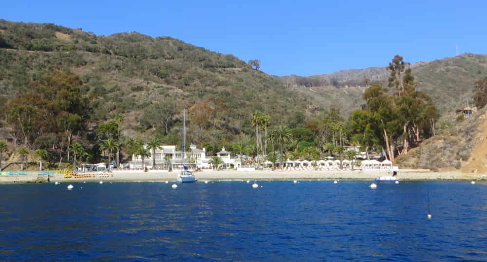 Cabanas and sandy shoreline at Descanso Bay on Catalina Island