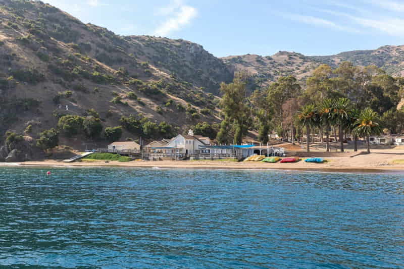 Quiet cove and camp buildings at Toyon Bay on Catalina Island